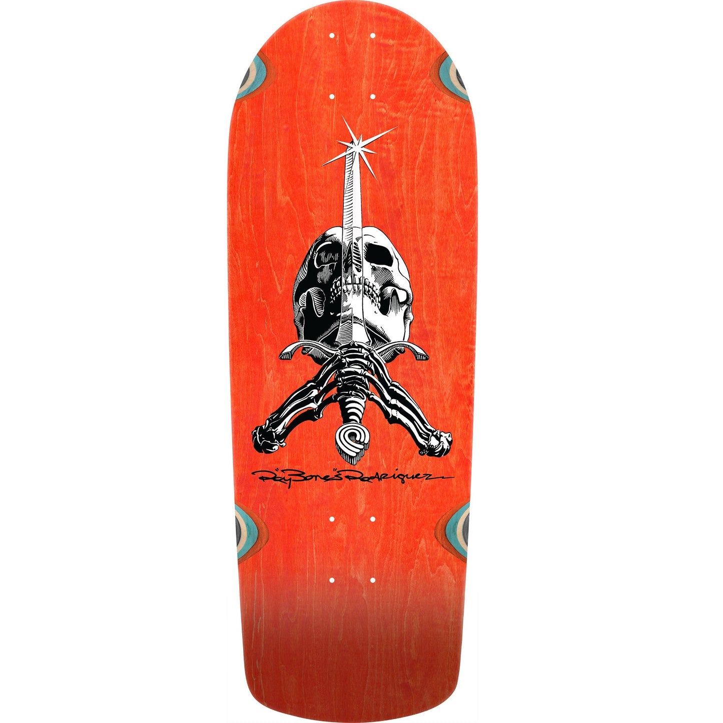 Powell Peralta OG Snub Ray Rodriguez Skull & Sword Reissue Skateboard Deck - 10″ Orange Stain - Bow Shock Marketplace