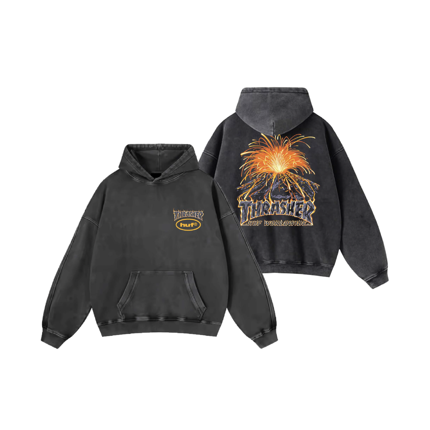 Huf X Thrasher Meltdown Heavyweight Washed Black Hooded Sweatshirt