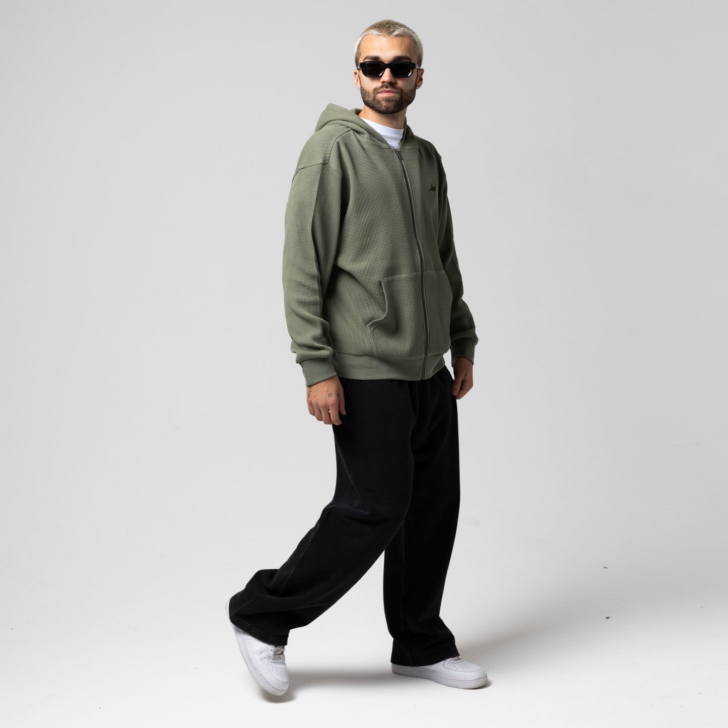 Castanza Waffle Knit Zip Up Hoodie (Olive)