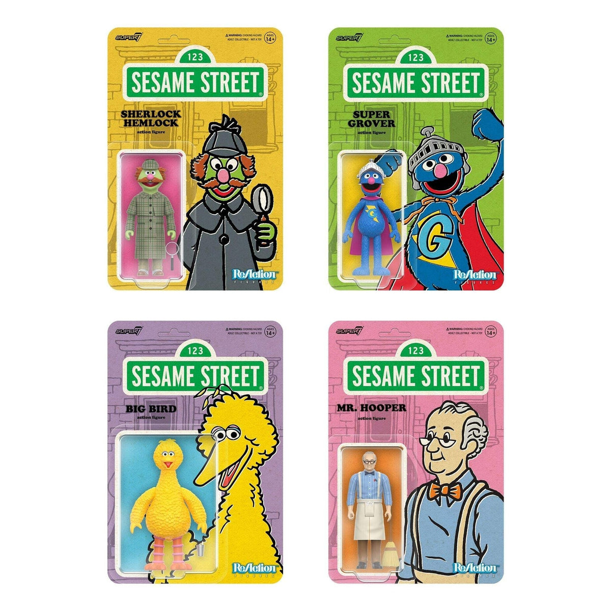 Super7 x SESAME STREET - SUPER GROVER, SHERLOCK HEMLOCK, MR. HOOPER, BIG BIRD Re