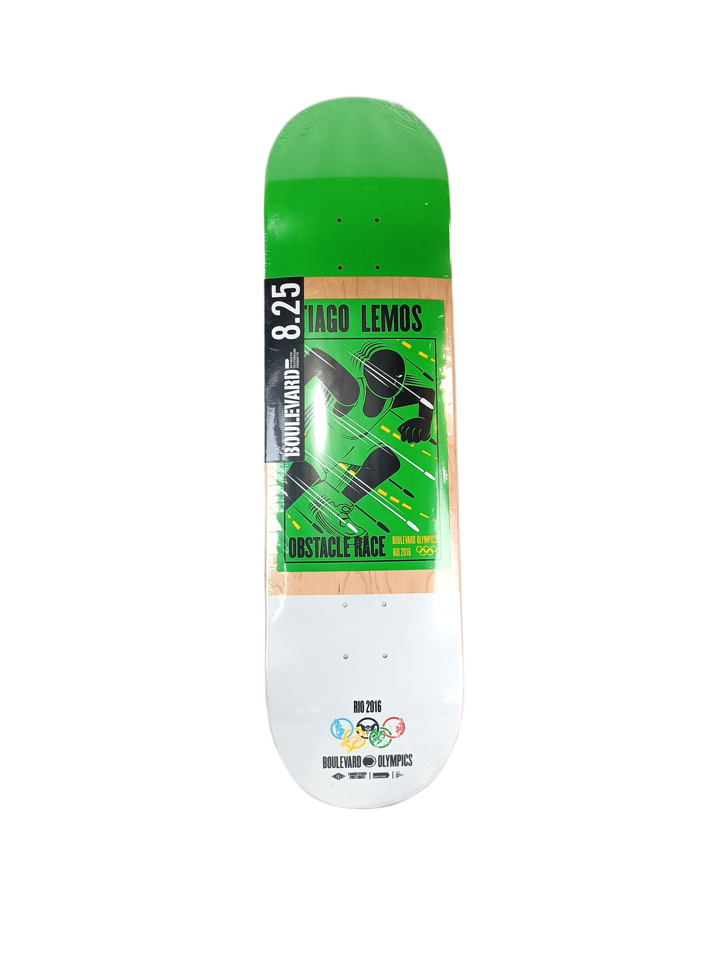Boulevard Tiago Lemos Rio 2016 Olympics Obstacle Race White Green Brown Size 8.25" Vintage NOS Deck