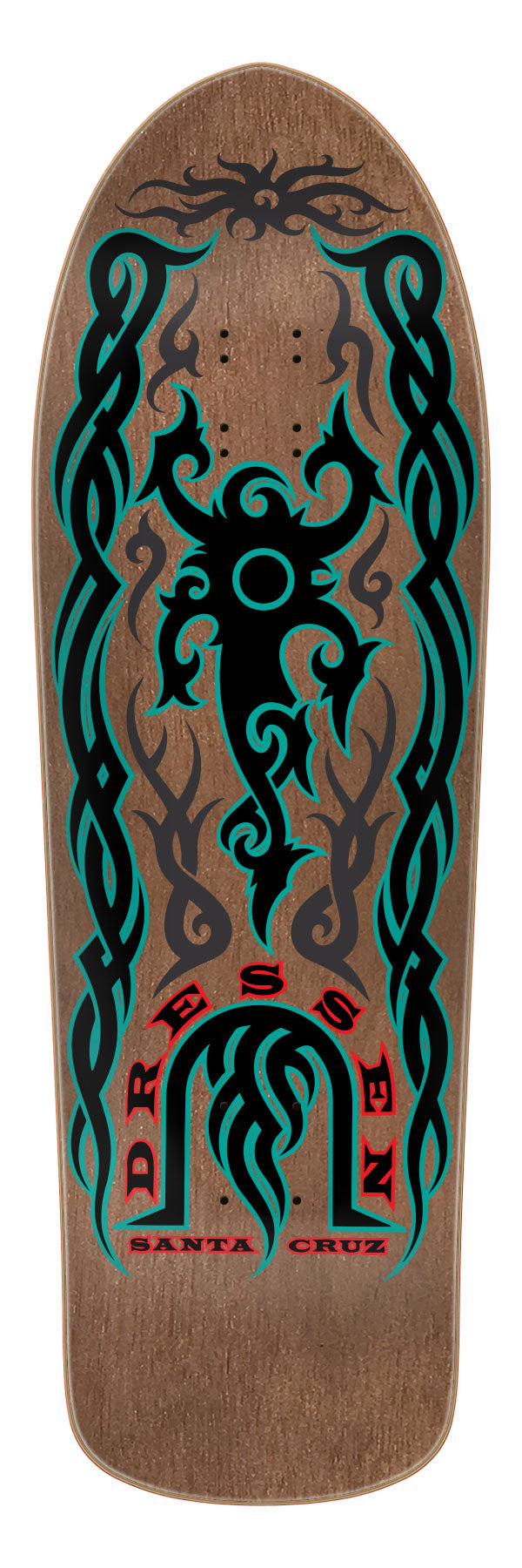 Wooden skateboard deck with tribal design and 'Dressen Santa Cruz' branding on a white background