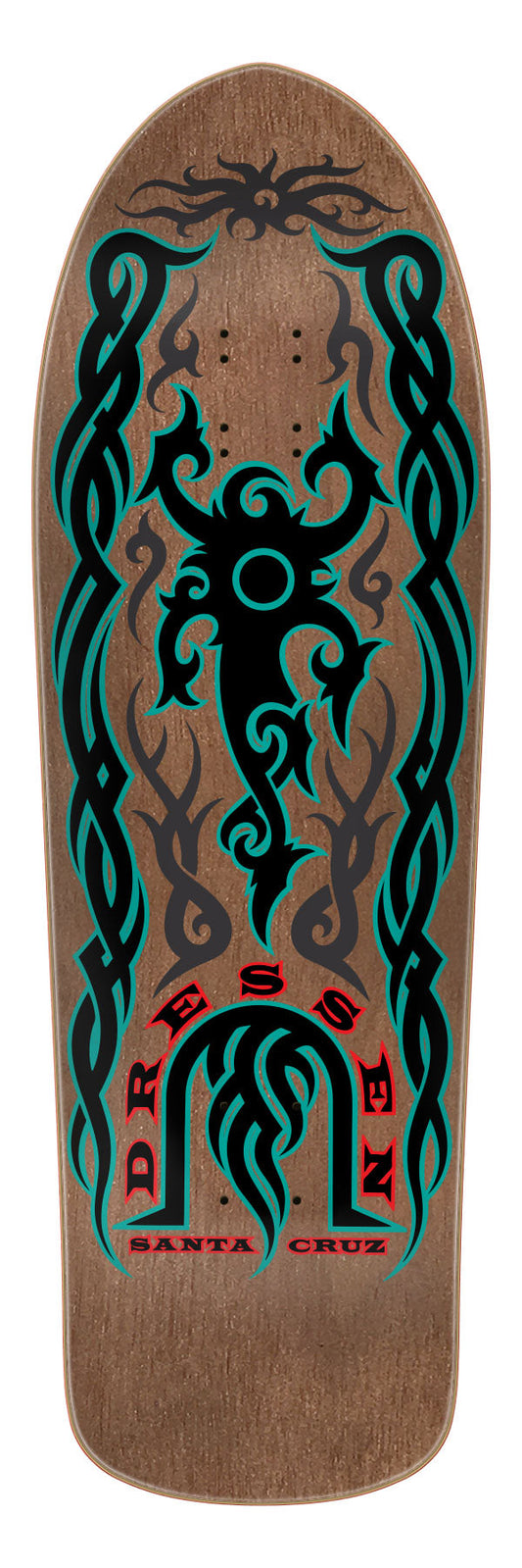 Wooden skateboard deck with tribal design and 'Dressen Santa Cruz' branding on a white background