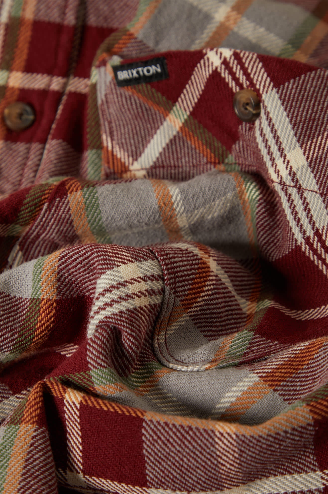 Brixton Vintage Wash Maroon Red Beige Green L/s Flannel Shirt