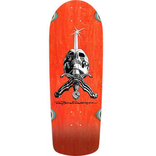 Powell Peralta OG Snub Ray Rodriguez Skull & Sword Reissue Skateboard Deck - 10″ Orange Stain - Bow Shock Marketplace