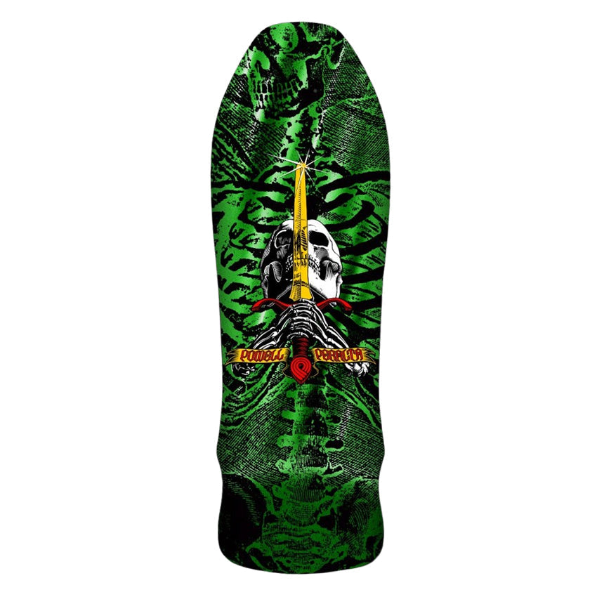 Powell Peralta GeeGah Skull and Sword Skateboard Deck - 9.75″ Green Foil - Bow Shock Marketplace