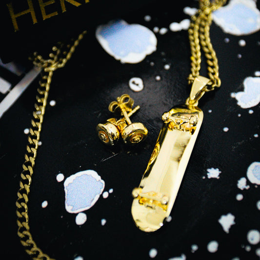 Skateboard Pendant & Earrings Bundle (Gold)