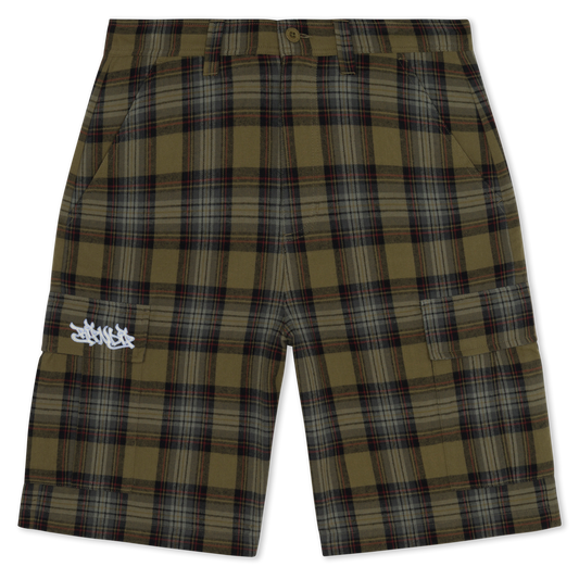 Hansen Wide Fit Cargo Shorts (Olive Plaid)