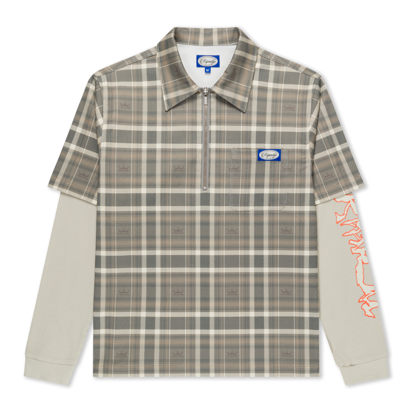 Pacific Beach Half Zip Double Sleeve Tee (Tan Plaid)