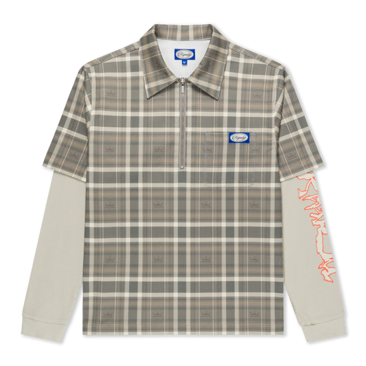 Pacific Beach Half Zip Double Sleeve Tee (Tan Plaid)