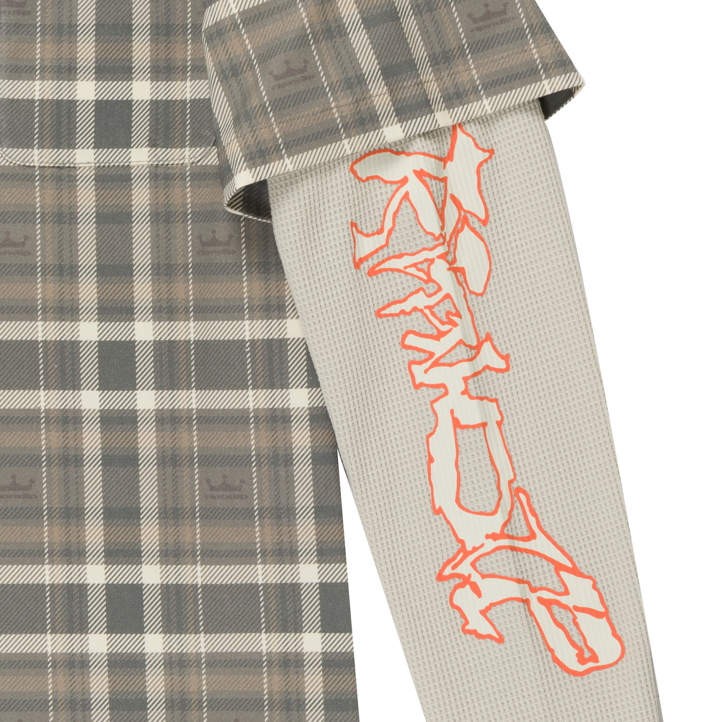 Pacific Beach Half Zip Double Sleeve Tee (Tan Plaid)
