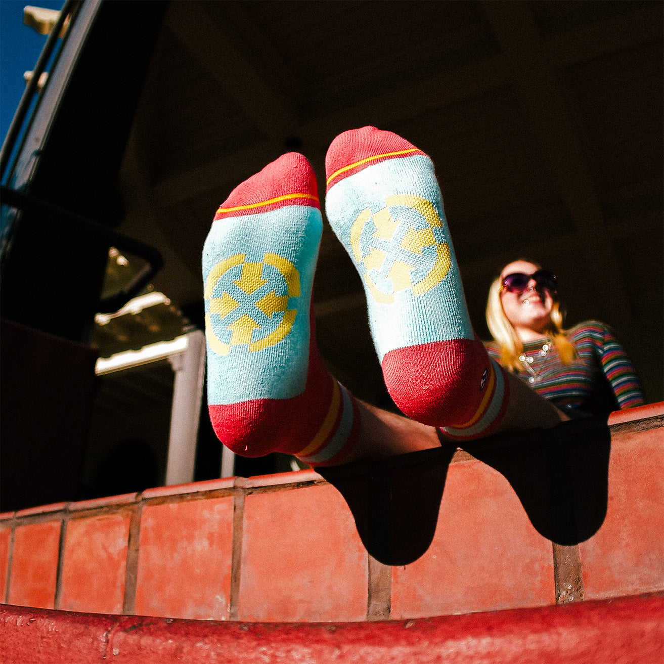 Organic Cotton Coral/Sky Quarter Crew Socks