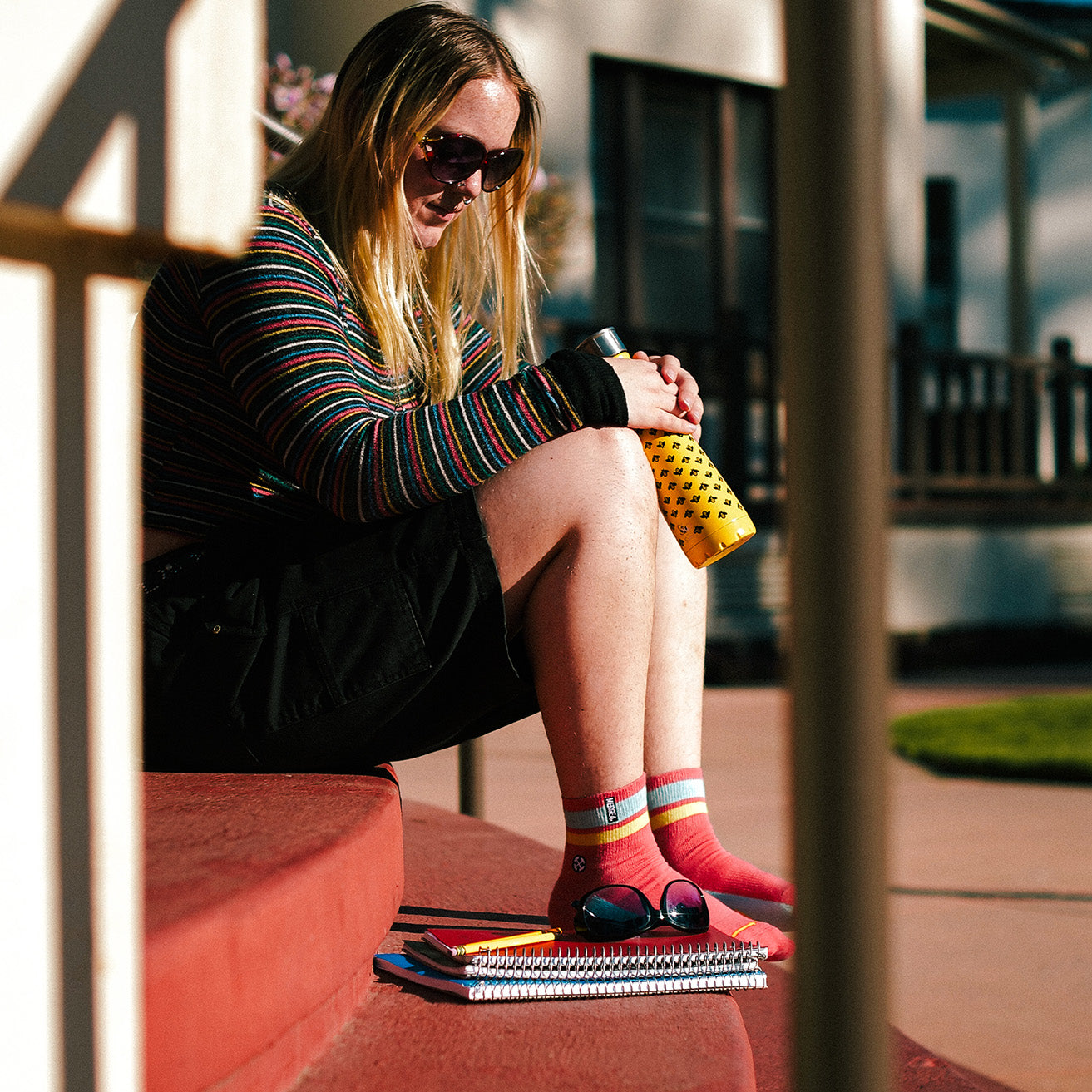 Organic Cotton Coral/Sky Quarter Crew Socks
