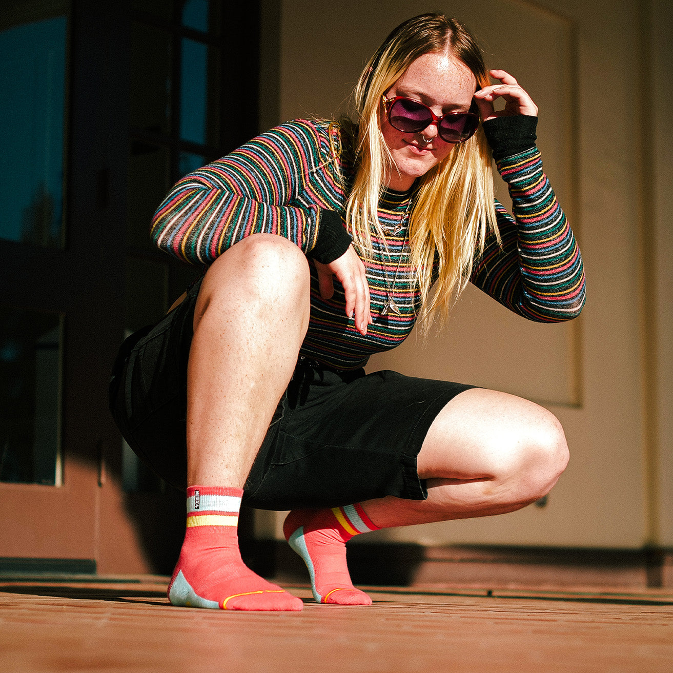 Organic Cotton Coral/Sky Quarter Crew Socks