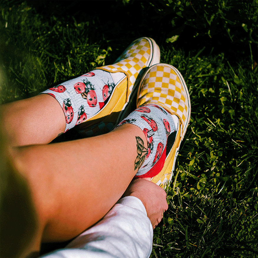 Lady Bugs Quarter Crew Socks with Art by Hanna Minck