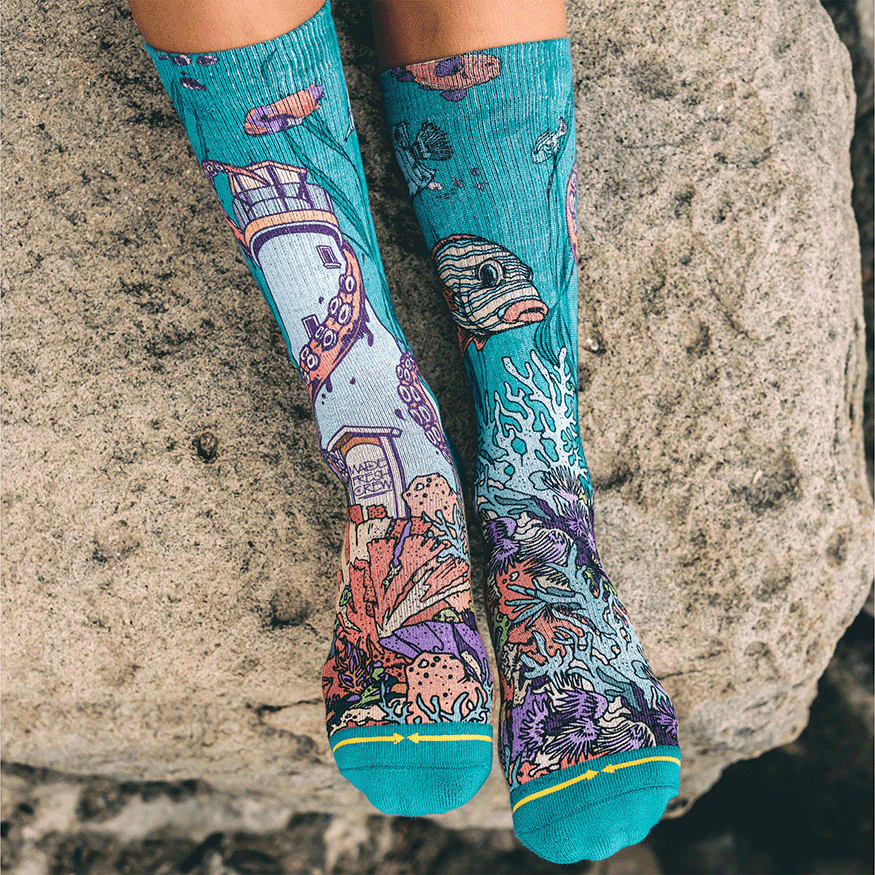 PangeaSeed Sea Walls Crew MERGE4 Socks With Art By Taylor Reinhold