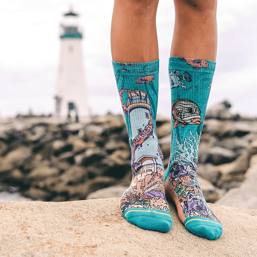 PangeaSeed Sea Walls Crew MERGE4 Socks With Art By Taylor Reinhold