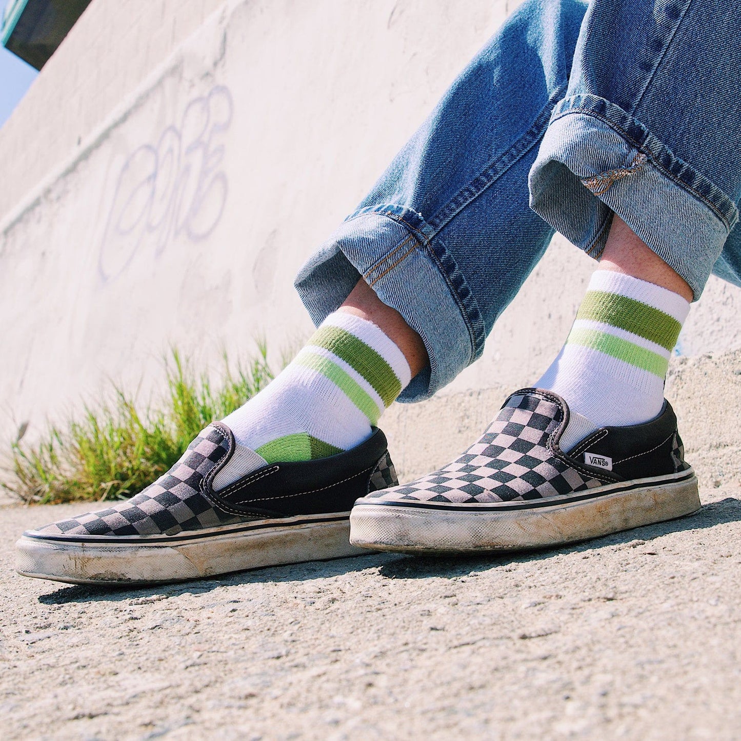 Organic Cotton White/Olive Quarter Crew Socks