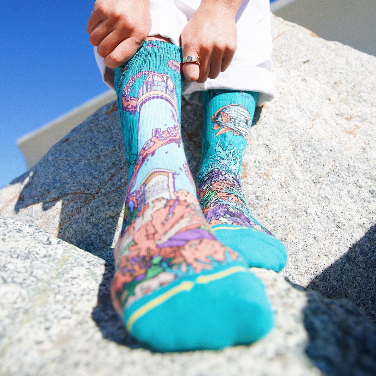 PangeaSeed Sea Walls Crew MERGE4 Socks With Art By Taylor Reinhold