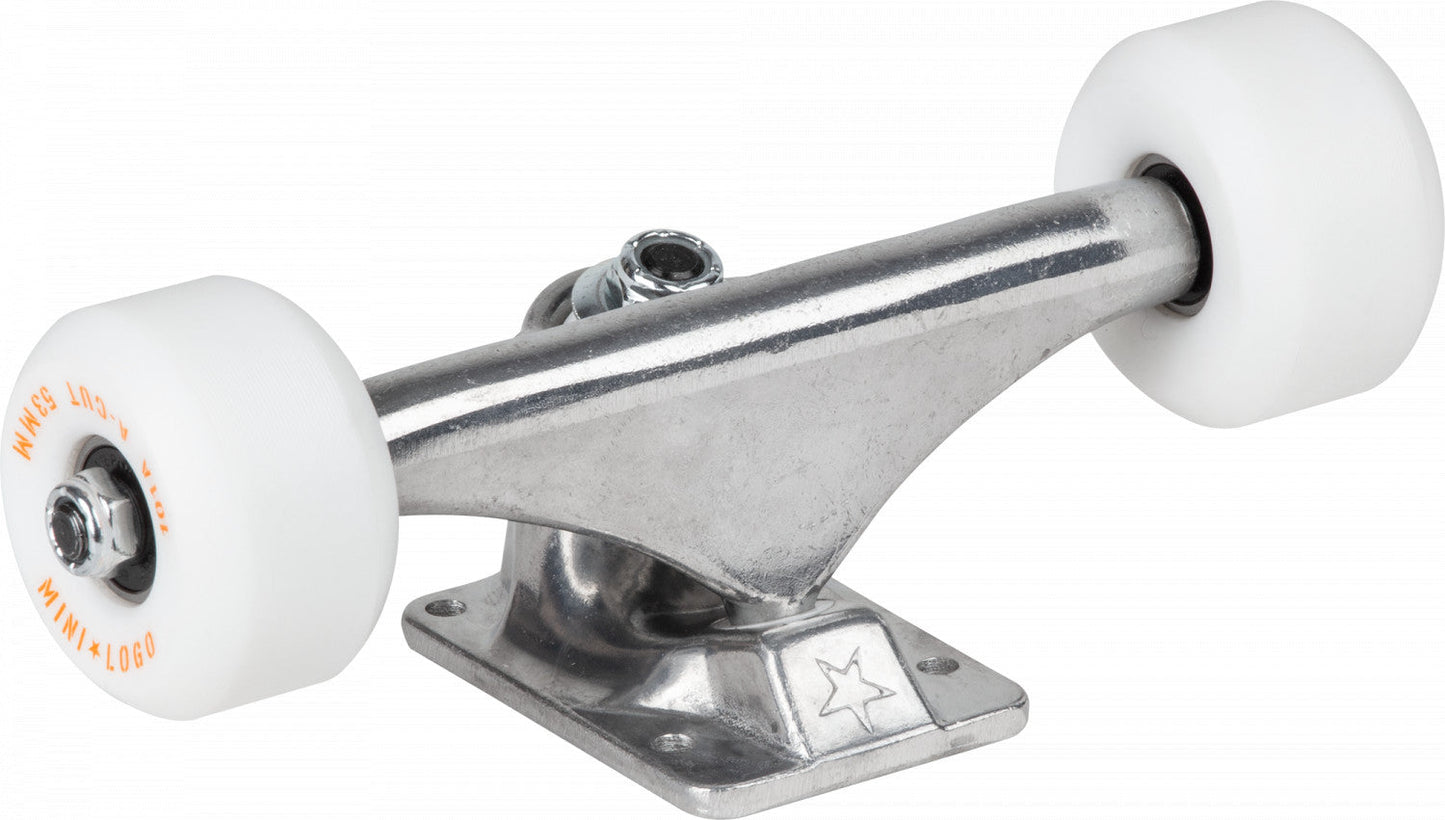 Mini Logo 8.0" Raw Trucks + ML Bearings + A-cut 53mm 101a White Wheels (Set of 2) - Bow Shock Marketplace