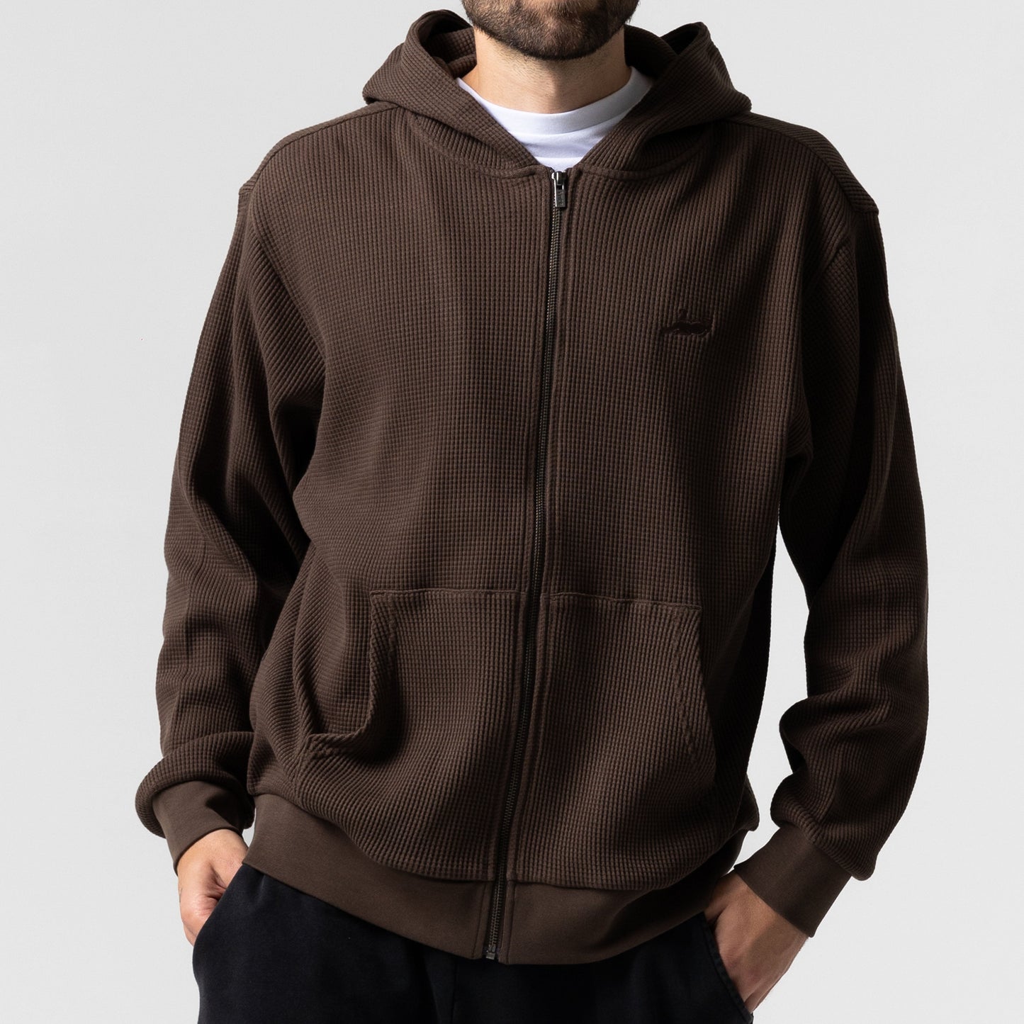 Castanza Waffle Knit Zip Up Hoodie (Brown)