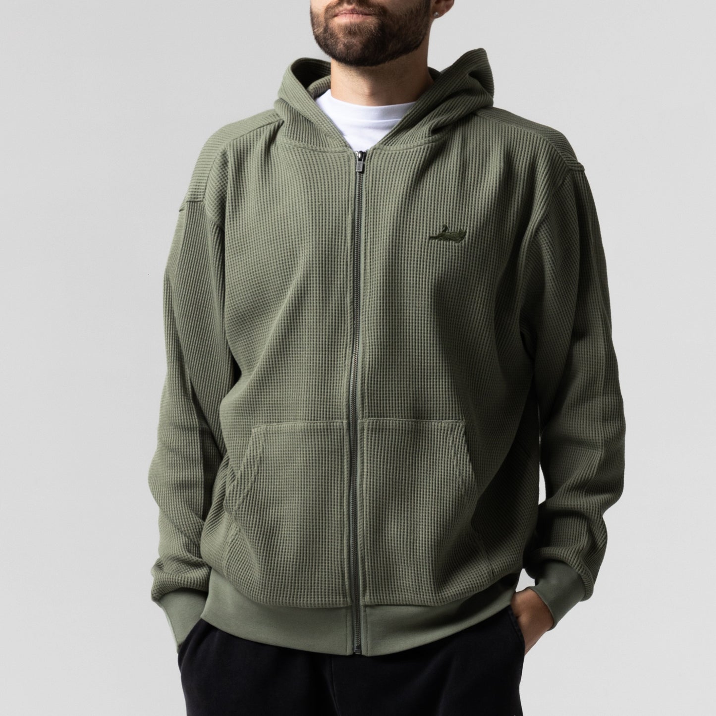 Castanza Waffle Knit Zip Up Hoodie (Olive)
