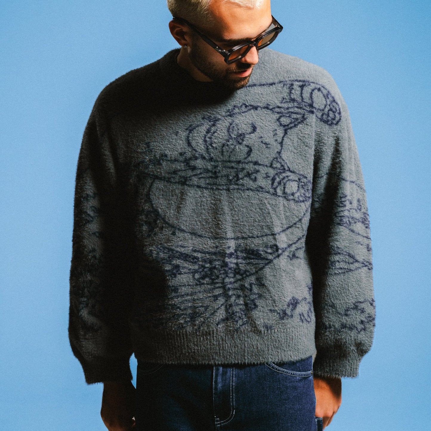 Great Wave Of Nerm Reversible Sweater (Grey / Navy)