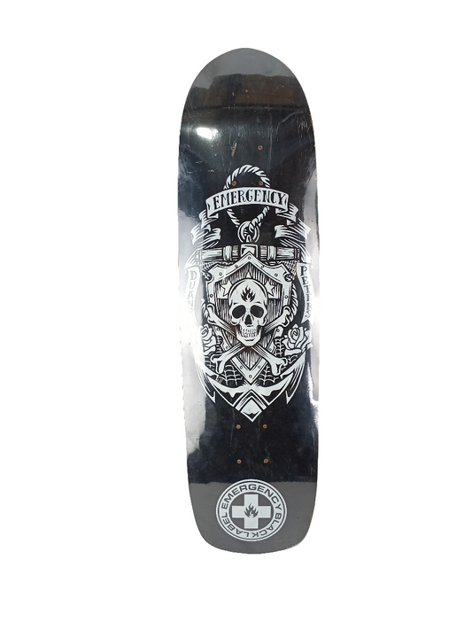 Black Label Duane Peters Emergency Skull & Crossbones Coat Of Arms Black White Size 8.75 Vintage NOS Shaped Deck