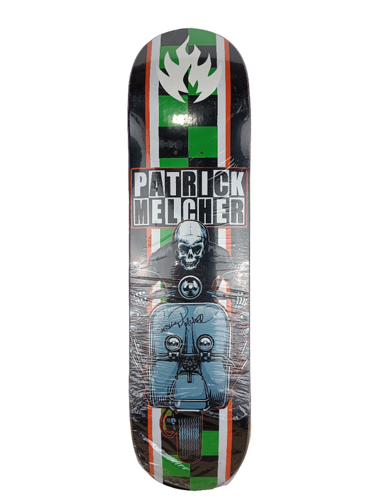 Black Label Patrick Melcher Motorcycle Skull Pinstripe Multicolor 7.75 Autographed Vintage NOS Deck