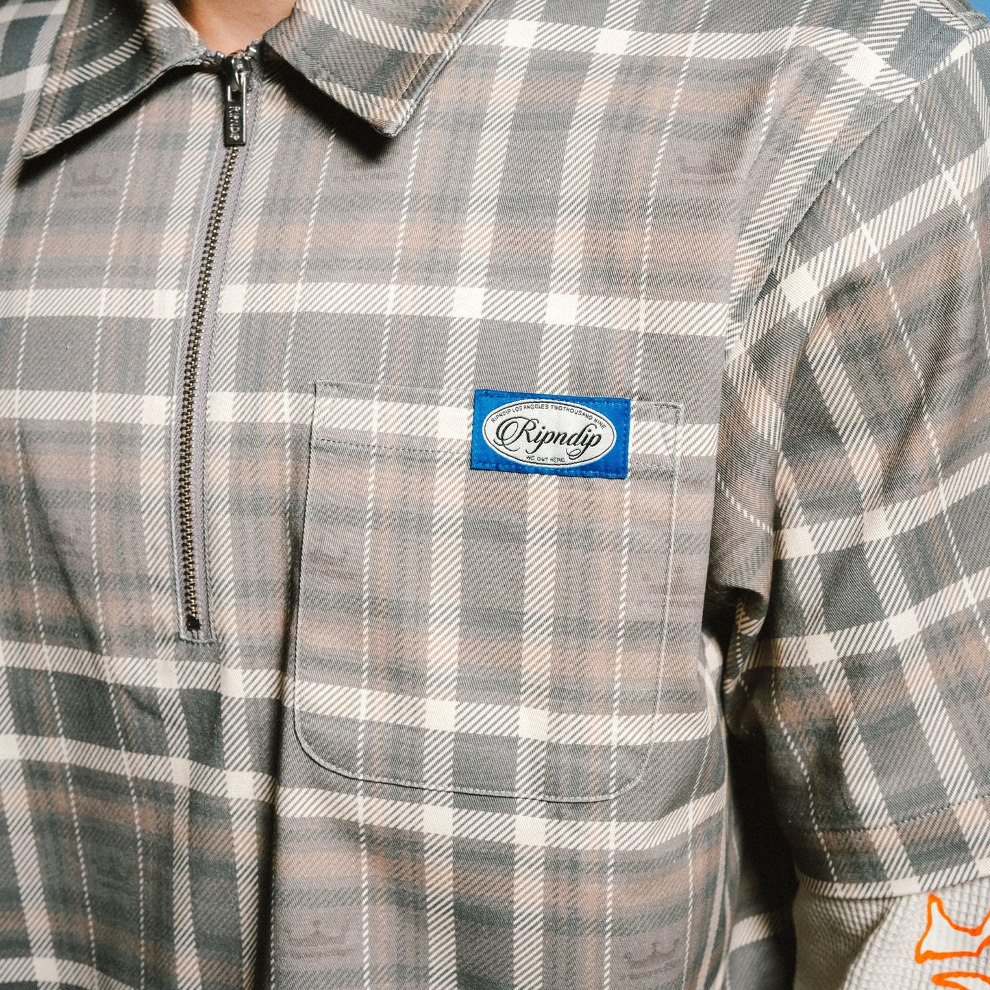 Pacific Beach Half Zip Double Sleeve Tee (Tan Plaid)