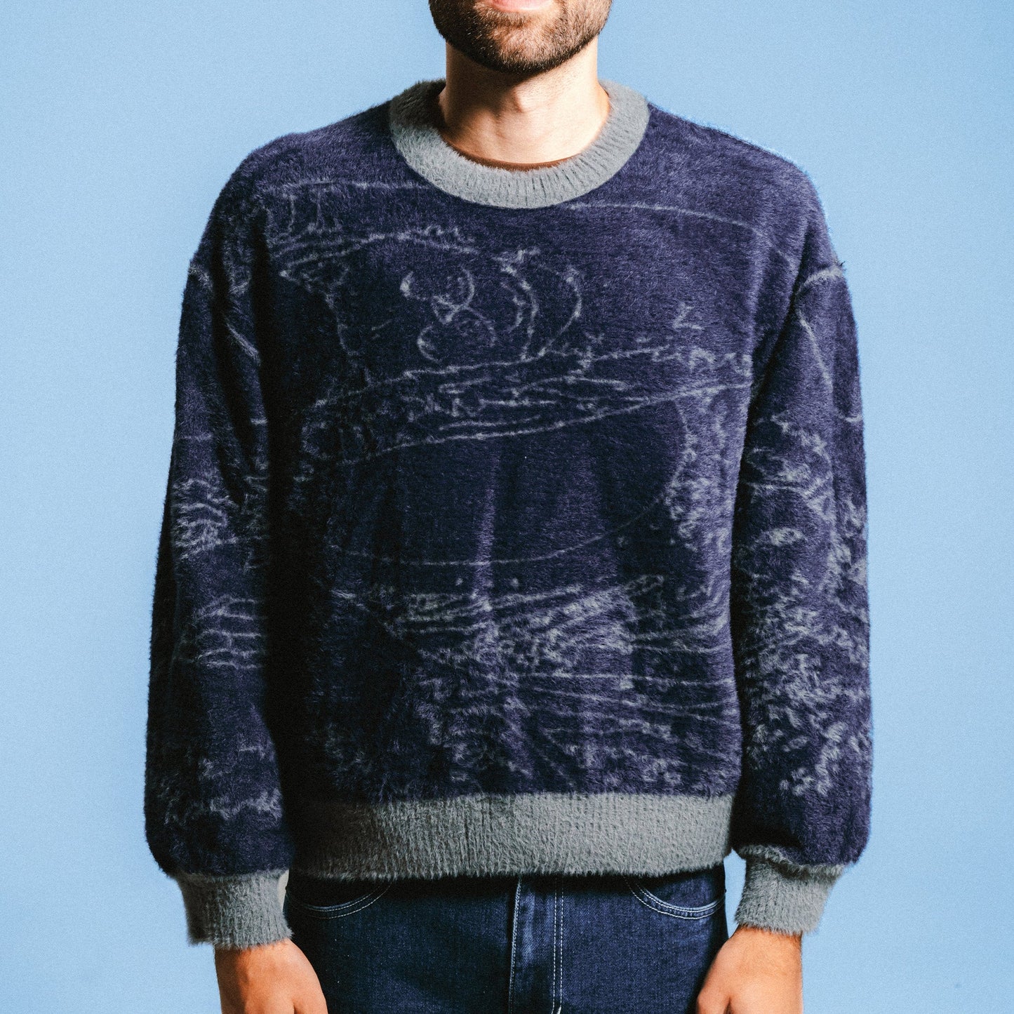 Great Wave Of Nerm Reversible Sweater (Grey / Navy)
