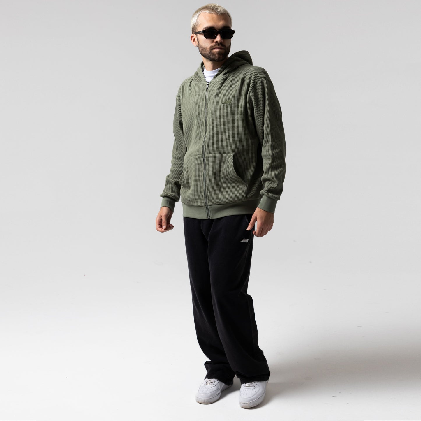 Castanza Waffle Knit Zip Up Hoodie (Olive)